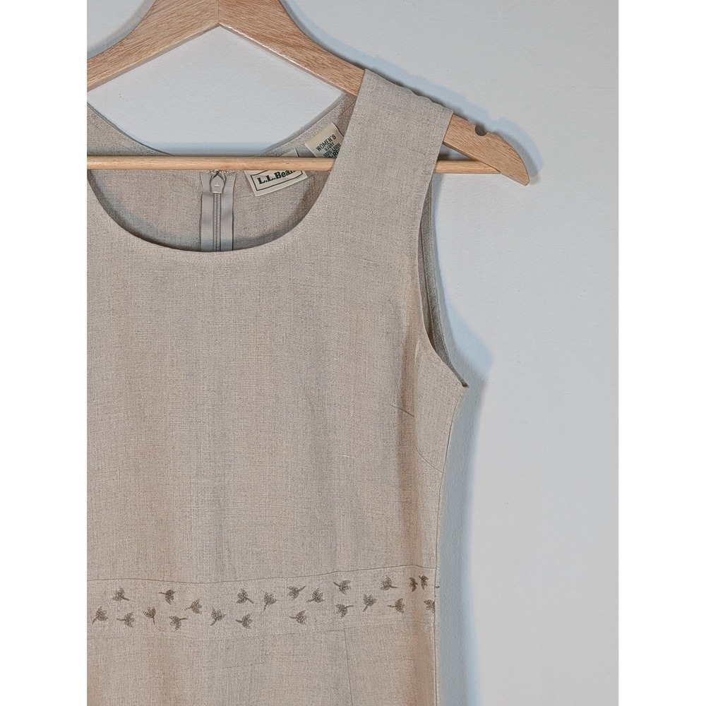 LL Bean Women Beige 100% Linen Sleeveless Embroidered Waist Dress 6 Beach Resort